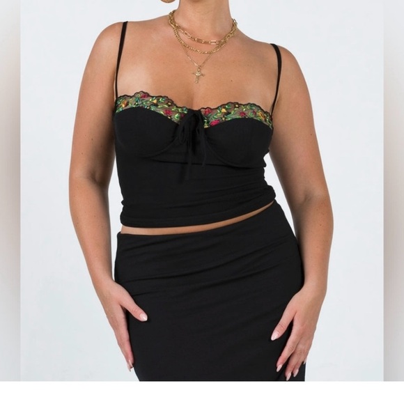 Princess Polly Tops - Princess Polly Black Floral Trim Top